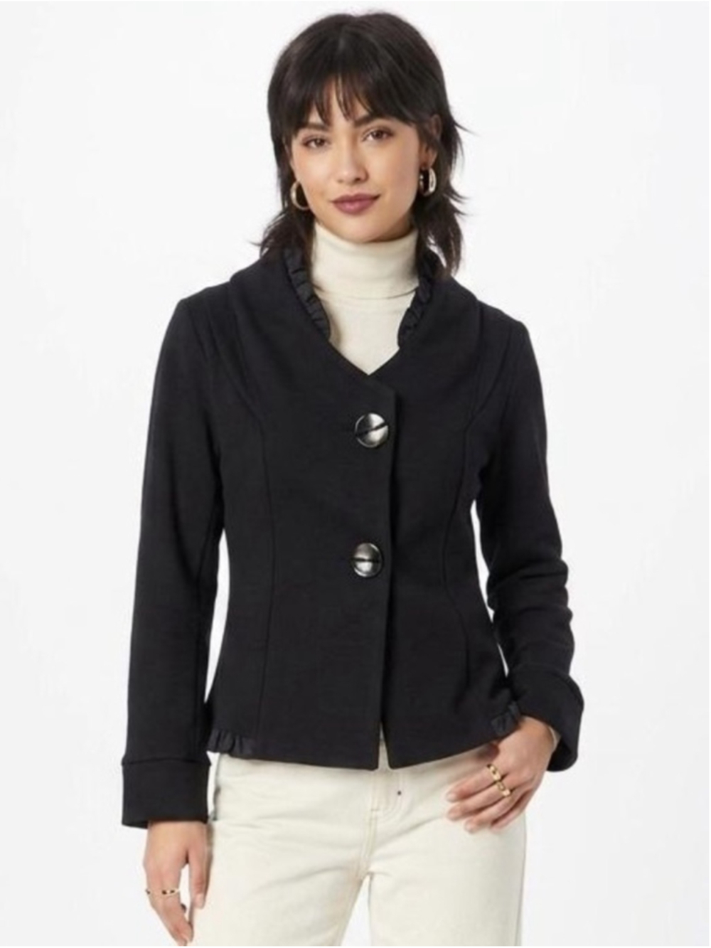 Lilibleu Black Tailored Pea Coat with Ruffle Trim Y2K trendy Office chic party